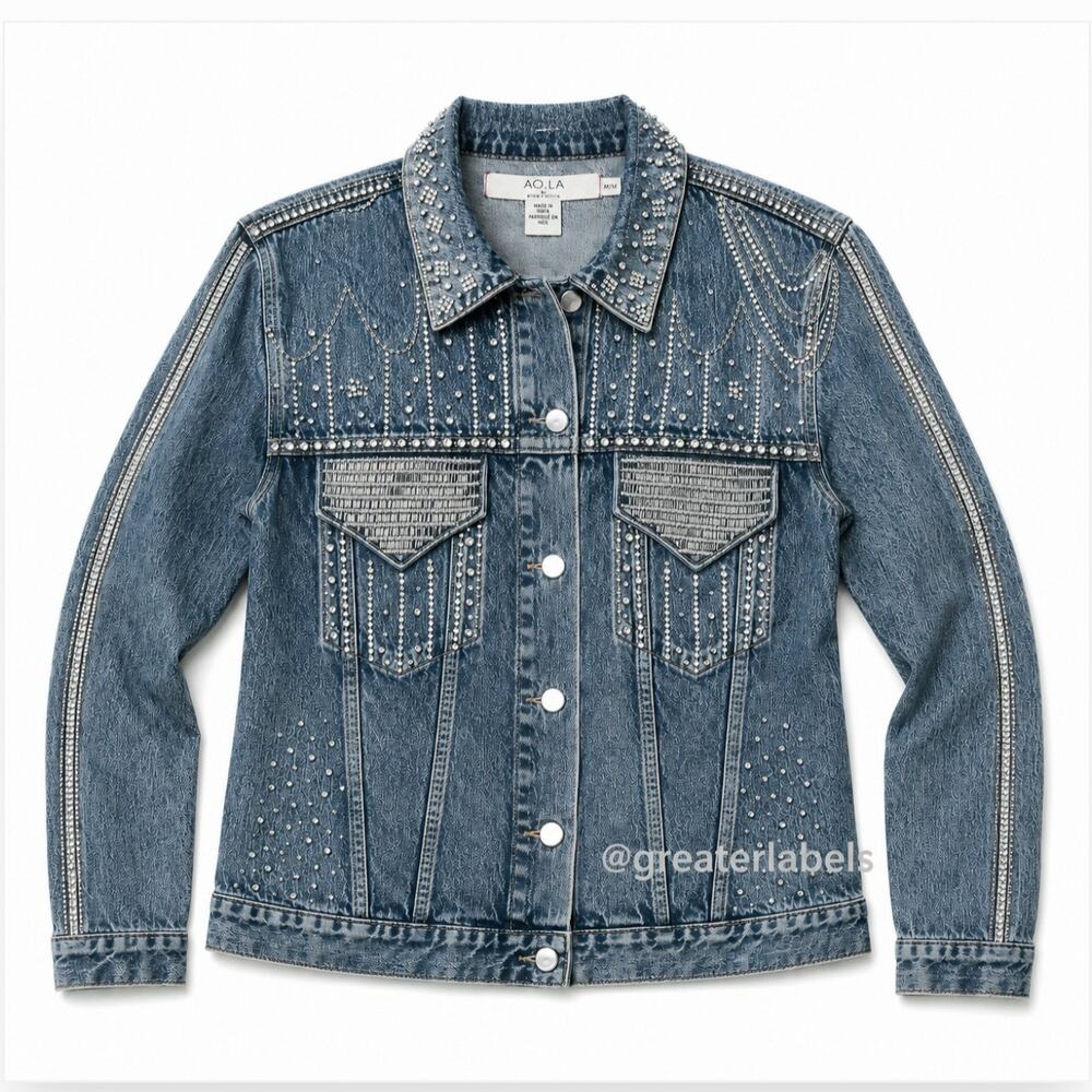 A.O. LA Alice+Olivia Embellished Oversized Denim Jacket Rhinestones Chains M